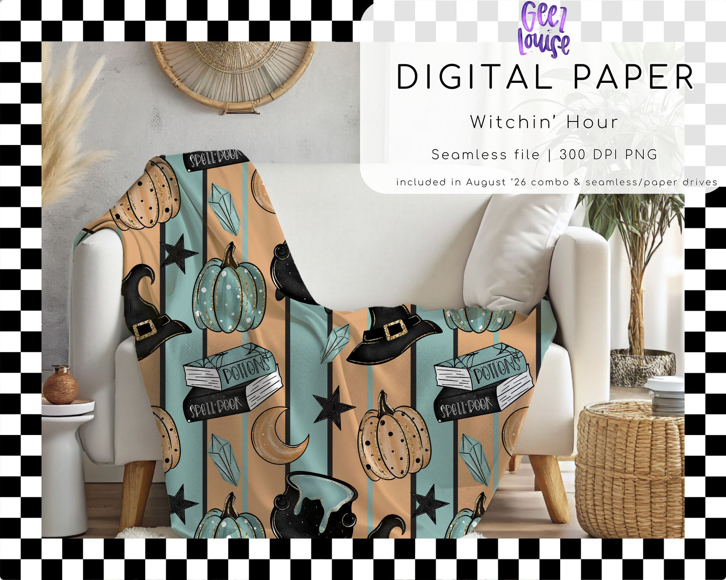 Witchin' Hour Halloween Seamless Digital Paper PNG | Witch Hat Pumpkin Potion Pattern | August 26 Combo & Seamless Drive