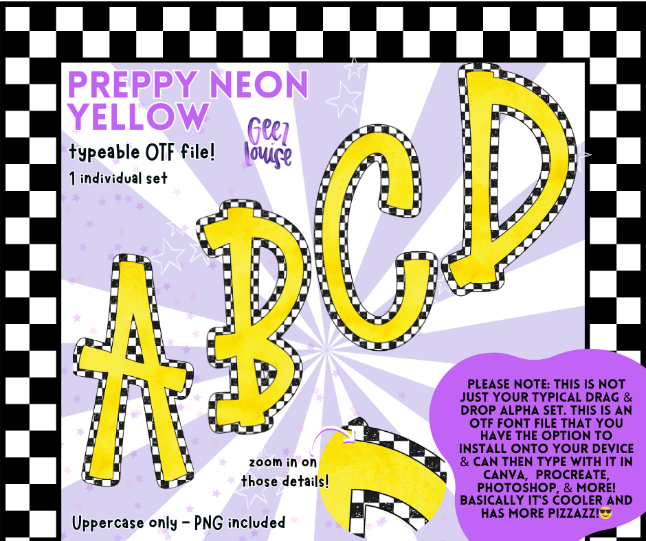 Preppy Neon Typeable OTF Alpha Font | Uppercase Letters with PNGs Included