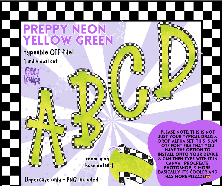 Preppy Neon Typeable OTF Alpha Font | Uppercase Letters with PNGs Included