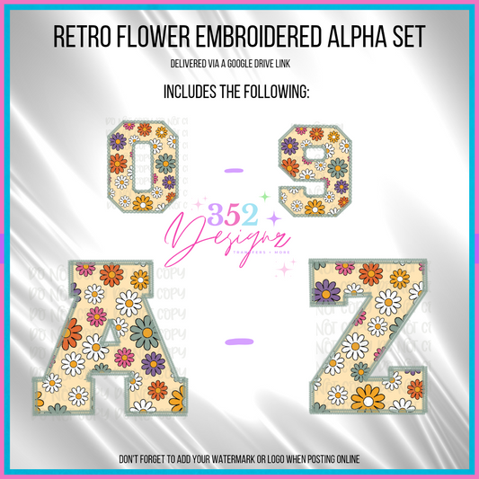 Retro flower faux embroidered graphic alpha set bundle - Digital Download- PNG