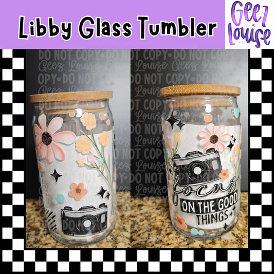 Focus on the Good Things Libby Glass Tumbler | 16oz Floral Camera Glass Cup with Bamboo Lid & Straw