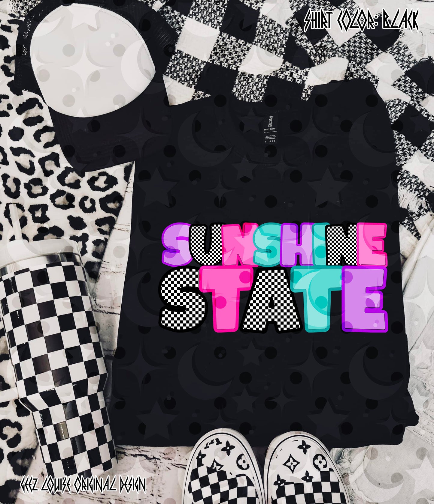 Sunshine State PNG | Retro Neon Bubble Letter Design | Checkerboard Aesthetic | Summer Sublimation PNG