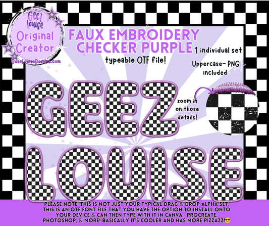 Faux Embroidery Checker Purple OTF Font | PNG Alpha Set