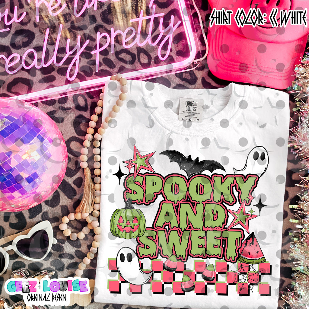 Spooky and Sweet PNG | Cute Halloween Watermelon Design | Ghost Pumpkin Candy Sublimation PNG | Retro Checkerboard Graphic