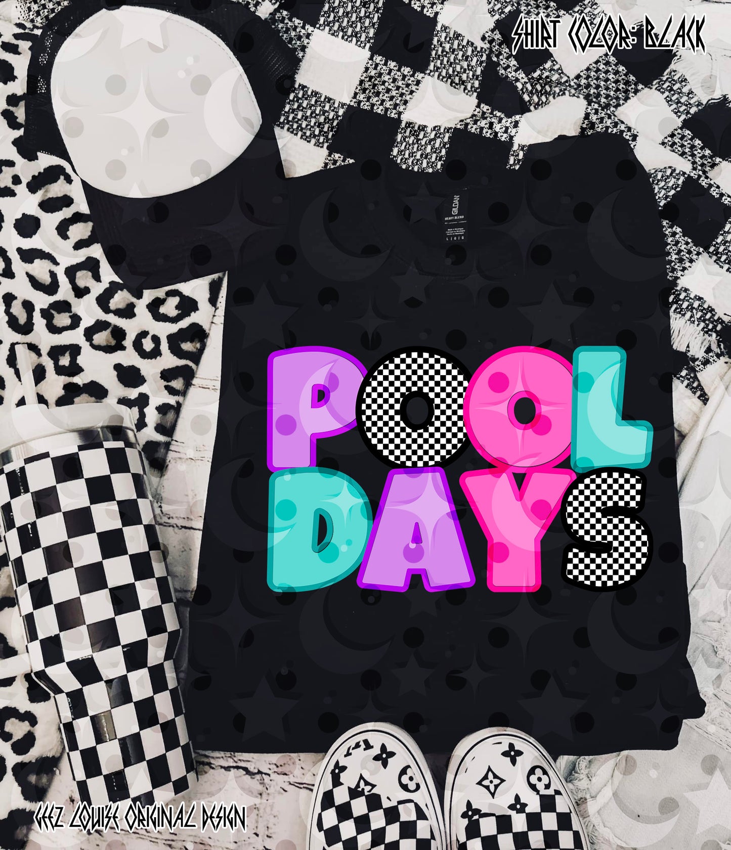Pool Days PNG | Retro Neon Bubble Letter Design | Checkerboard Aesthetic | Summer Sublimation PNG