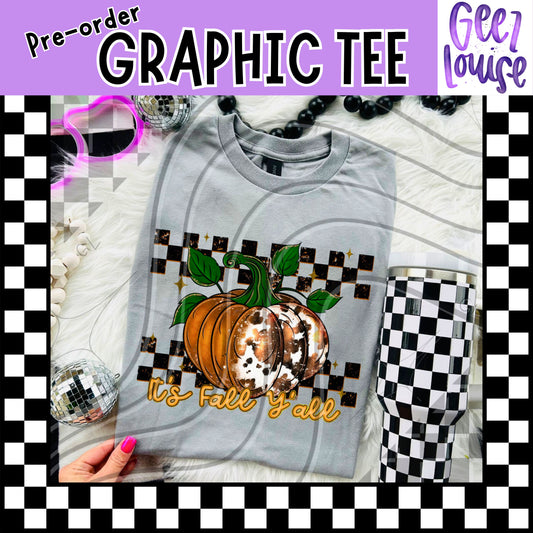 It’s Fall Y’all Pumpkin Tee – Cowprint & Checkerboard | Pre-Order | Made to Order