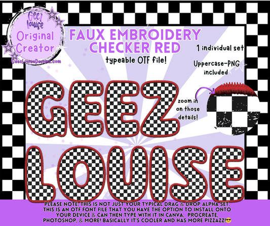 Faux Embroidery Checker Red — Typeable OTF Font + PNG