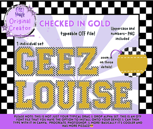 Checked in Gold Typeable OTF Alpha Font with PNGs