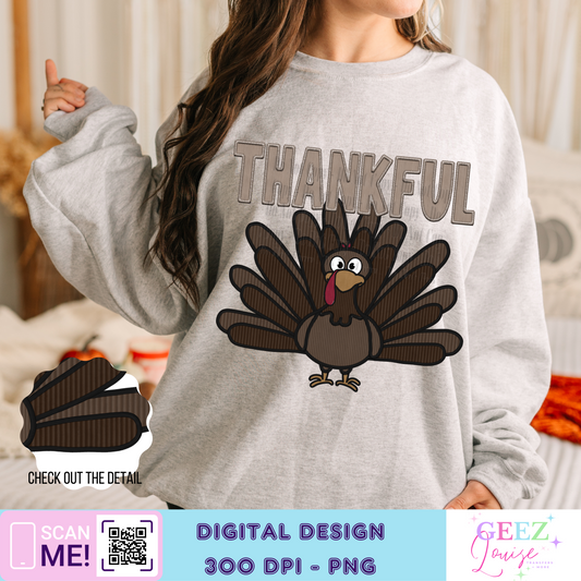 Turkey Thankful Faux corduroy faux embroidery - Digital Download- PNG