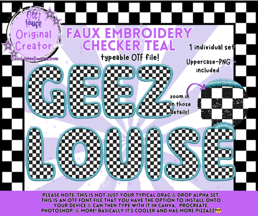 Faux Embroidery Checker Teal Alpha OTF Font + PNG | Digital Download