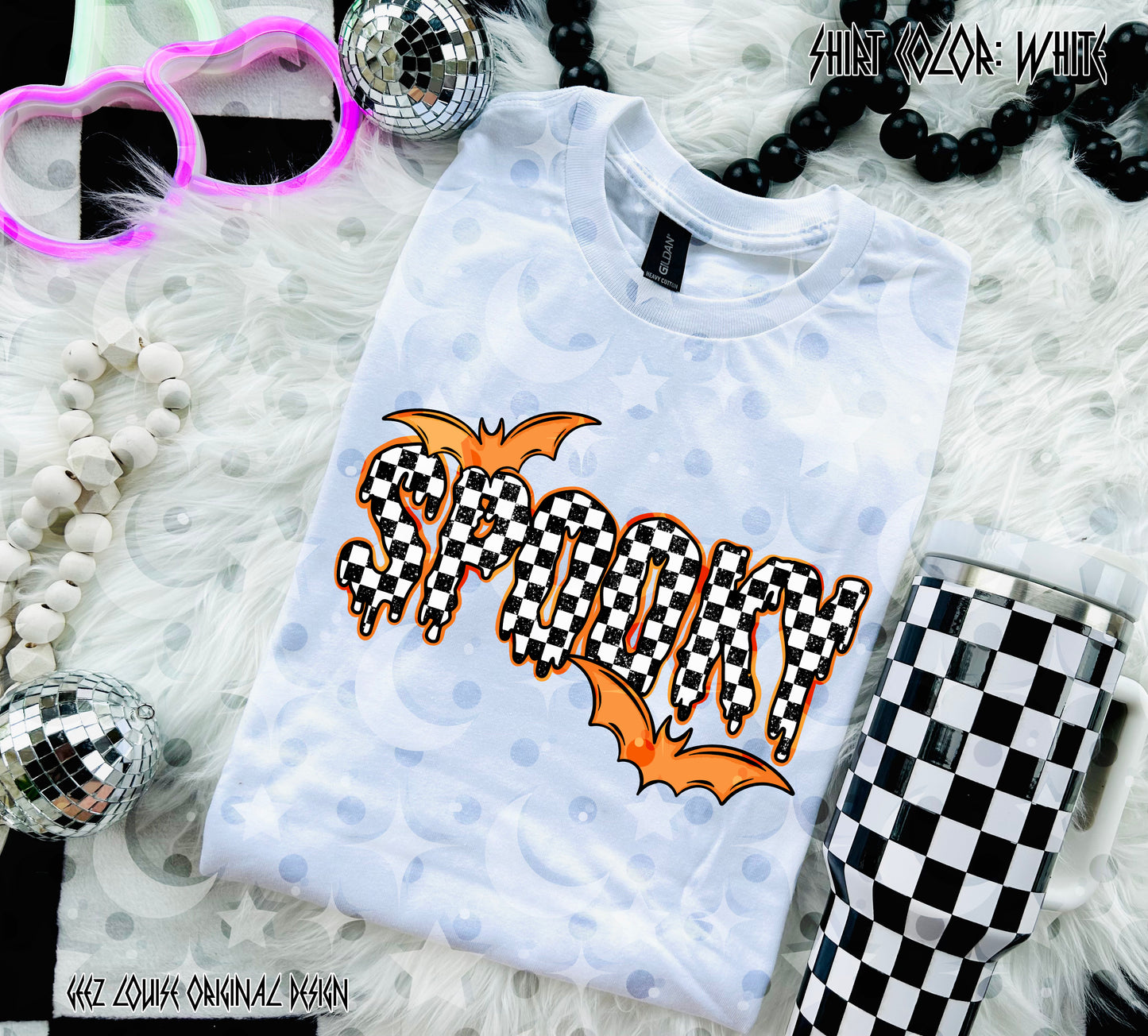 Spooky Checkerboard PNG | Orange Halloween Sublimation Design | Dripping Spooky Text | Bat Digital Download