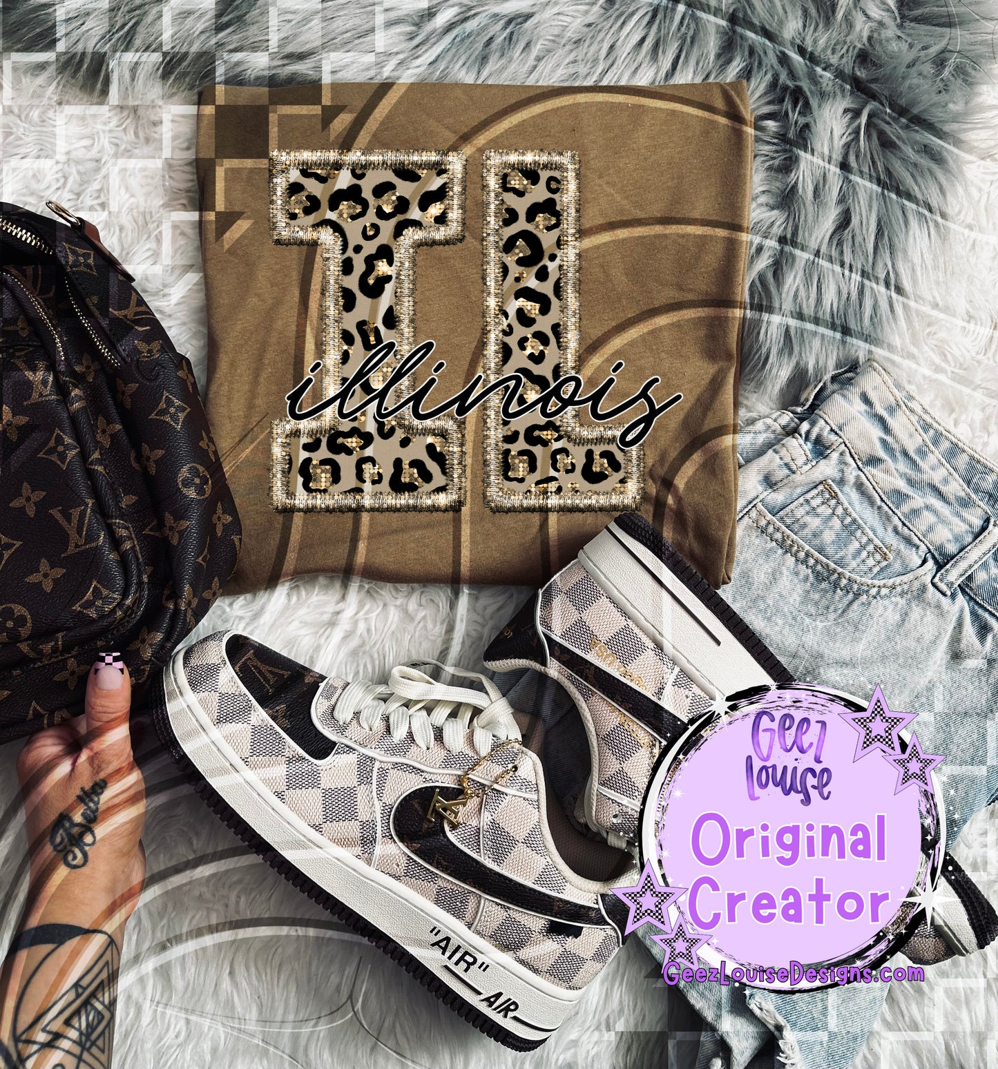 State abbreviations in faux leopard sequin embroidery  - Digital Download- PNG