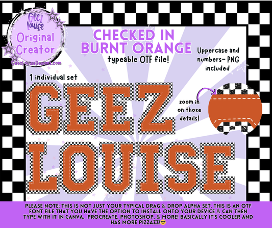 Checked in Burnt Orange Typeable OTF Alpha Font with PNGs