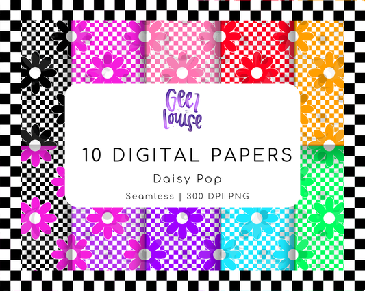 Daisy Pop Seamless Digital Papers | Retro Daisy Checker Patterns | 10 PNG | 300 DPI