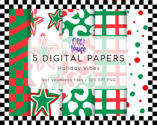 Holiday Vibes Digital Paper Bundle | 5 Christmas Backgrounds | 300 DPI PNG