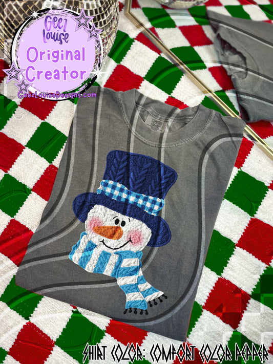 Yarn Texture Snowman Digital Design | Blue Hat & Scarf Rope Stitch Effect | Cozy Winter Sublimation PNG