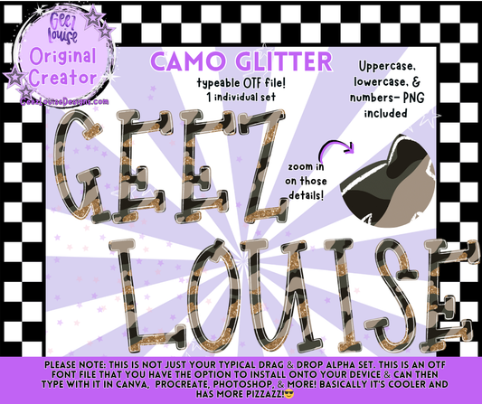 Camo Glitter Alpha | OTF Font + PNG Letter Set