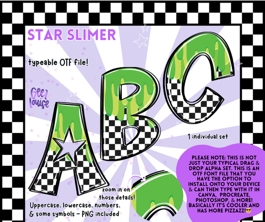 Star Slimer Alpha – Green Slime Checkered OTF Font & PNG Set