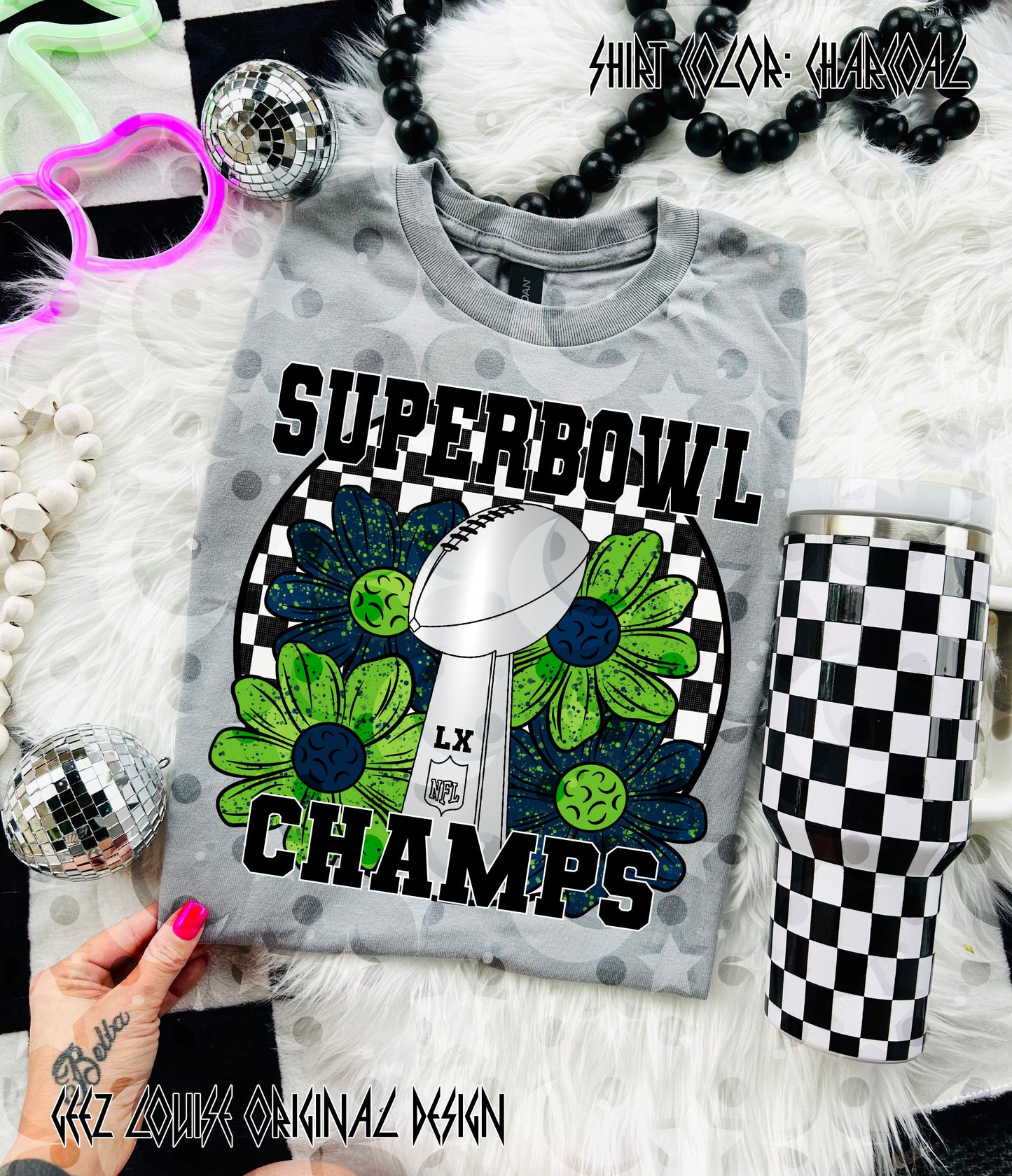 Big Game LX Champs Floral Football Digital Design | Retro Checker PNG