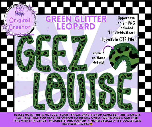 Green Glitter Leopard OTF Alpha | Digital Font + PNG Set