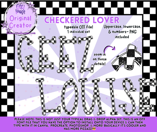 Checkered Lover Alpha | OTF Font + PNG Letter Set