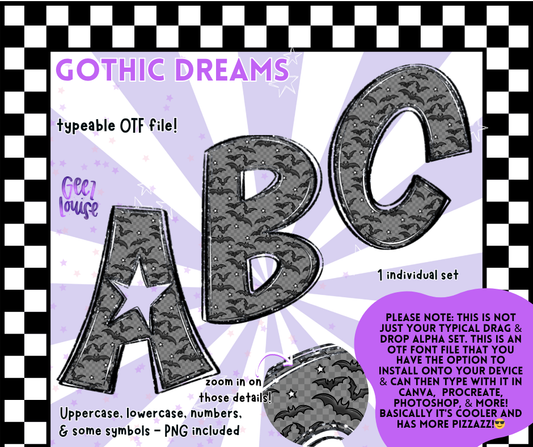 Gothic Dreams Alpha – Bat Pattern OTF Font & PNG Set