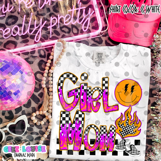 Girl Mom Pink Flame Digital Design | Checkered Neon PNG | Retro Mom Shirt Design