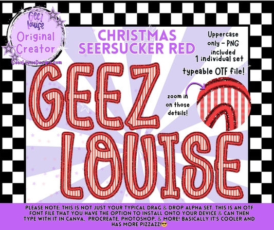 Christmas Seersucker Red – OTF Alpha Font & PNG Letters | Geez Louise Designs