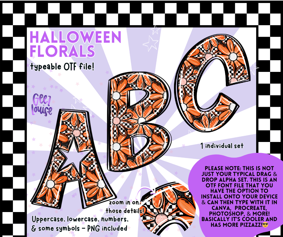 Halloween Florals Alpha – Orange Floral Checkered OTF Font & PNG Set