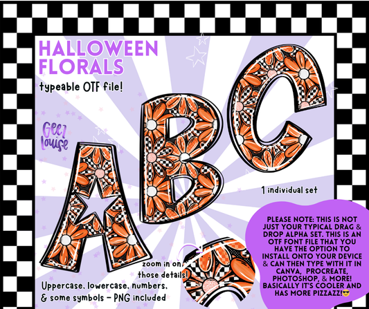 Halloween Florals Alpha – Orange Floral Checkered OTF Font & PNG Set