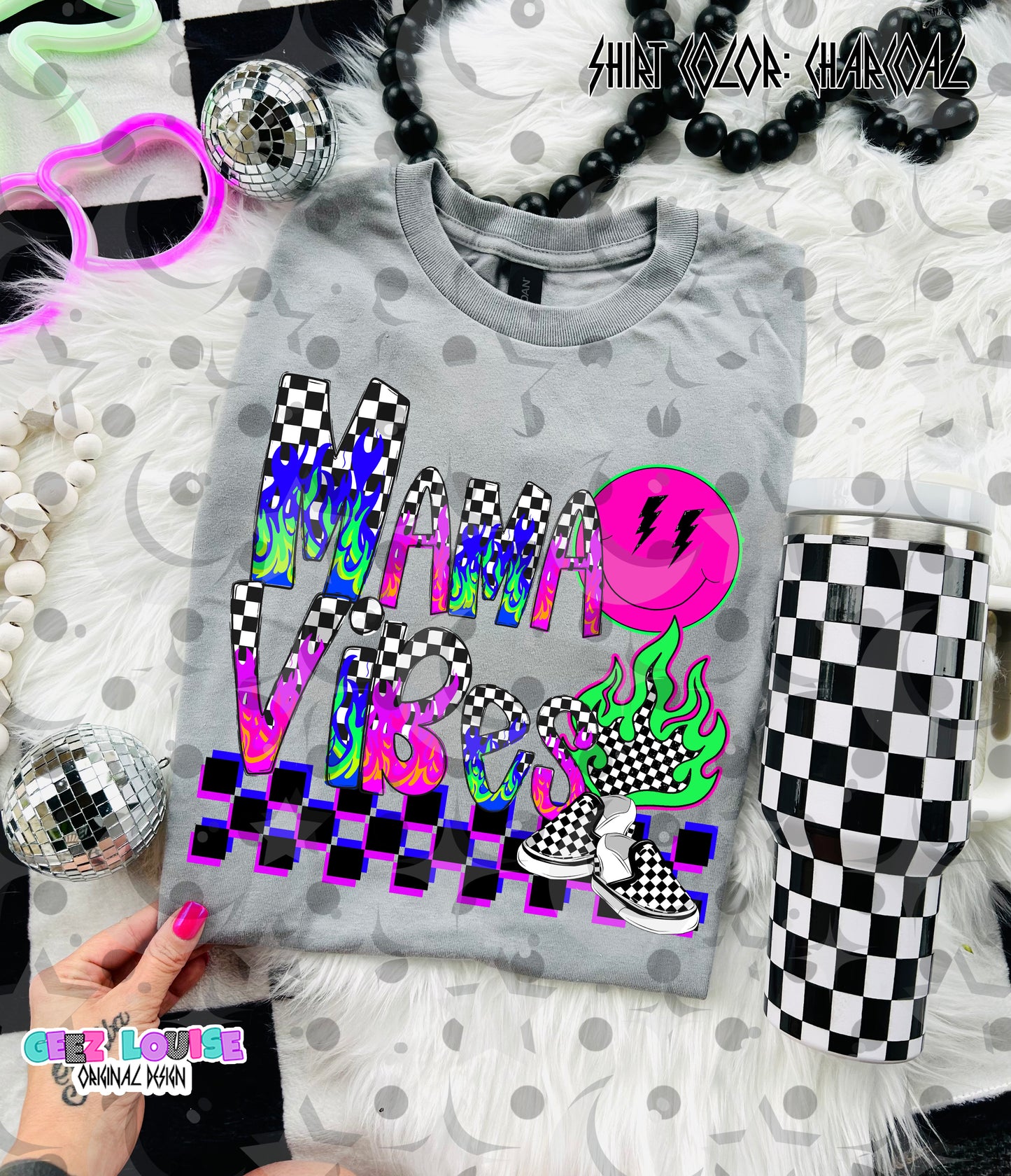 Mama Vibes Neon Grunge Digital Design | Rainbow Flame Checkered PNG | Retro Mom Shirt Design