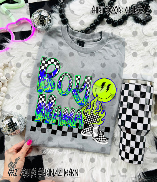 Boy Mama Neon Flame PNG | Checkered Grunge Retro Shirt Design | Limited Time Digital Download