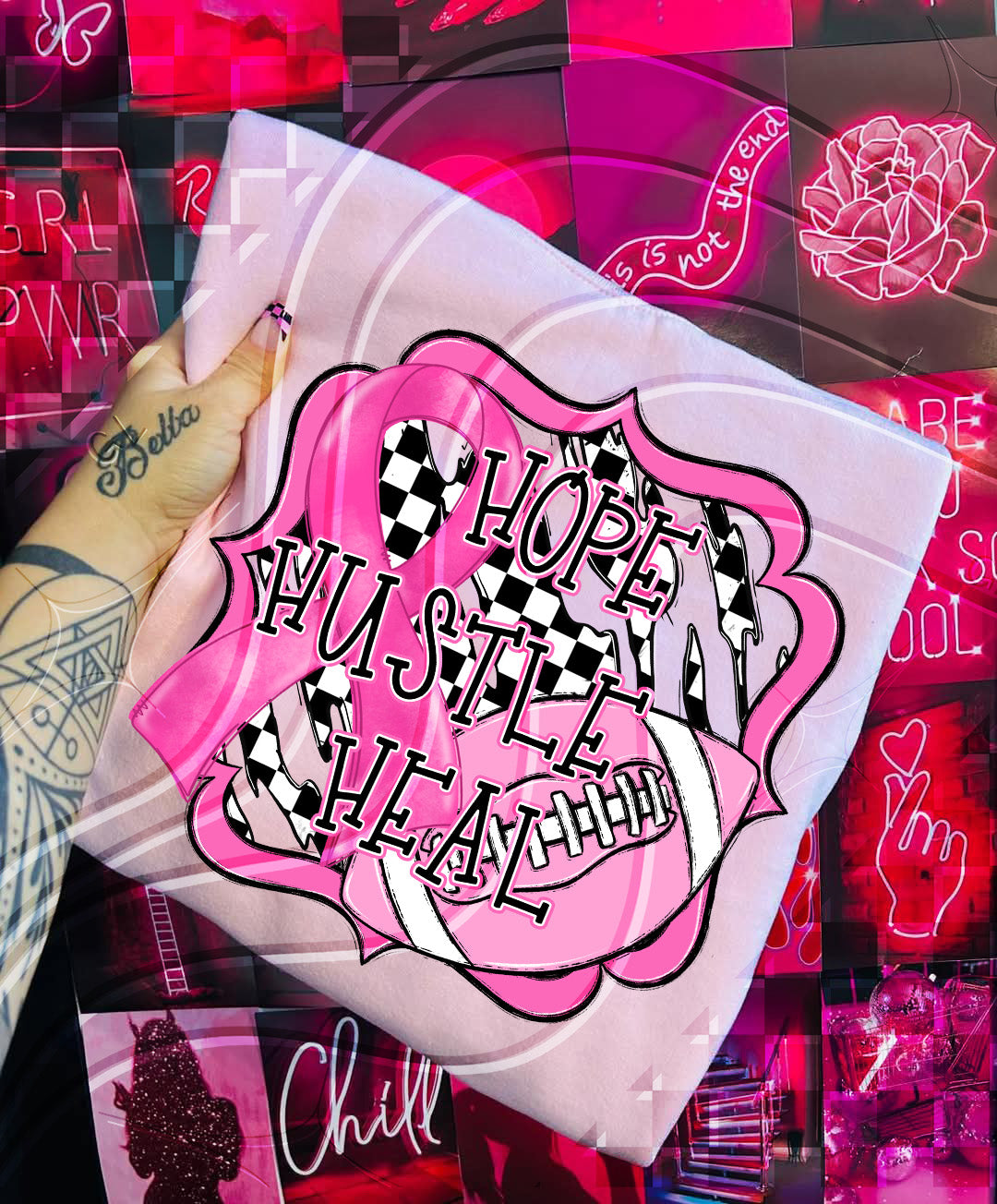Hope Hustle Heal – Pink Ribbon Football Finished PNG Design