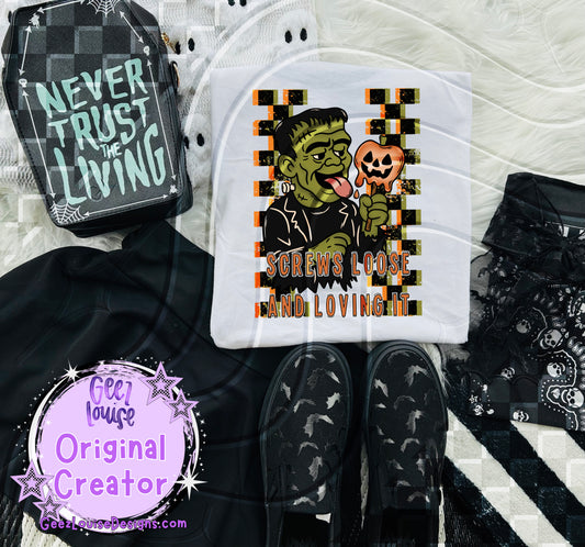 Screws Loose and Loving It | Frankenstein Retro Halloween Digital Design