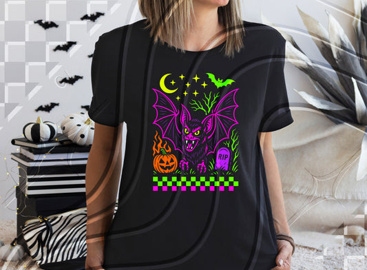 Neon Halloween Bat PNG – Spooky Retro Graveyard Glow