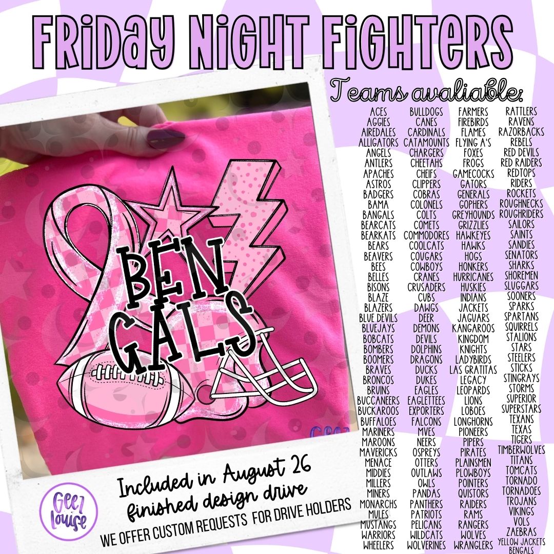 Friday Night Fighters Pink Out Football PNG | Team Name Variants | August 26 Design Drive