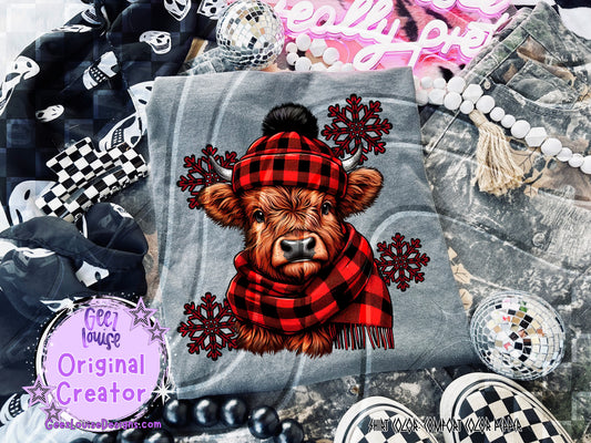 Buffalo Plaid Highland Cow Winter Digital Design – PNG for Sublimation