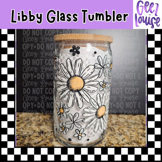 Daisy Libby Glass Tumbler with Bamboo Lid & Straw | 16oz Floral Glass Cup
