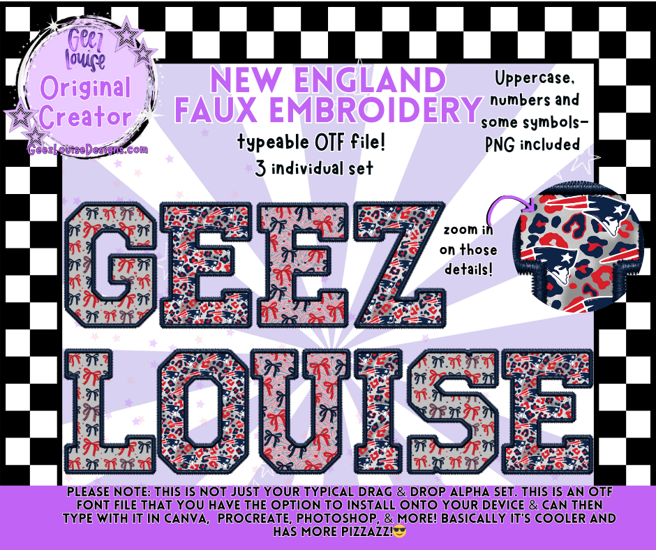 New England Faux Embroidery Alpha Typeable OTF Alpha Font + PNG Sets