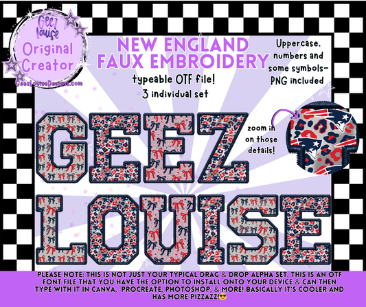 New England Faux Embroidery Alpha Typeable OTF Alpha Font + PNG Sets