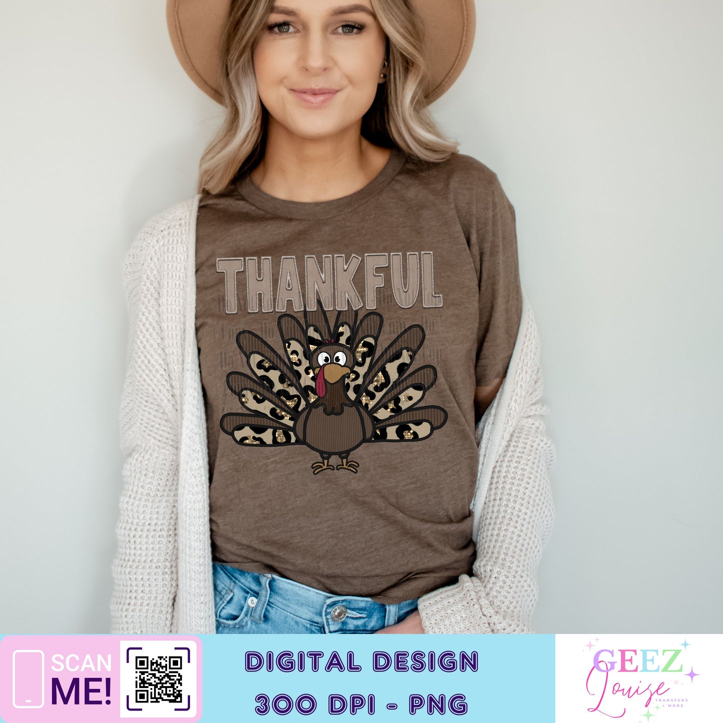 thankful turkey leopard faux sequin faux corduroy  - Digital Download- PNG