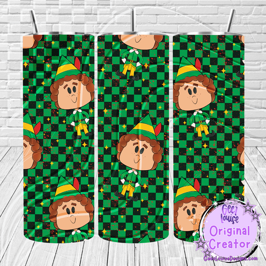 Elf Buddy Christmas Tumbler Seamless Digital Design – Green Checkered Pattern