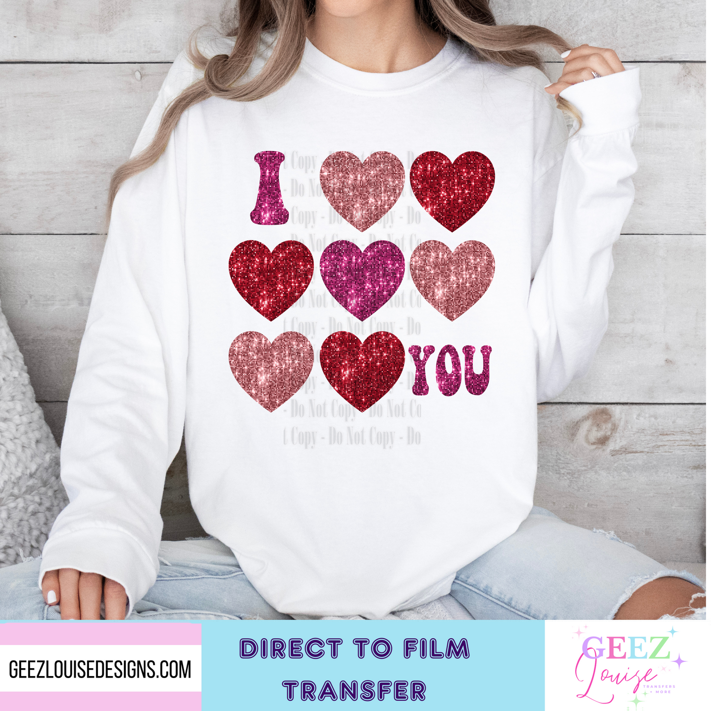 I love you faux sequin - Direct to Film Transfer - made to order