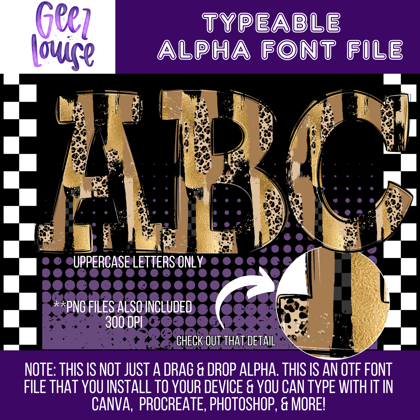 Leopard black checker gold - Typeable Font - Alpha Set- Digital Download- PNG