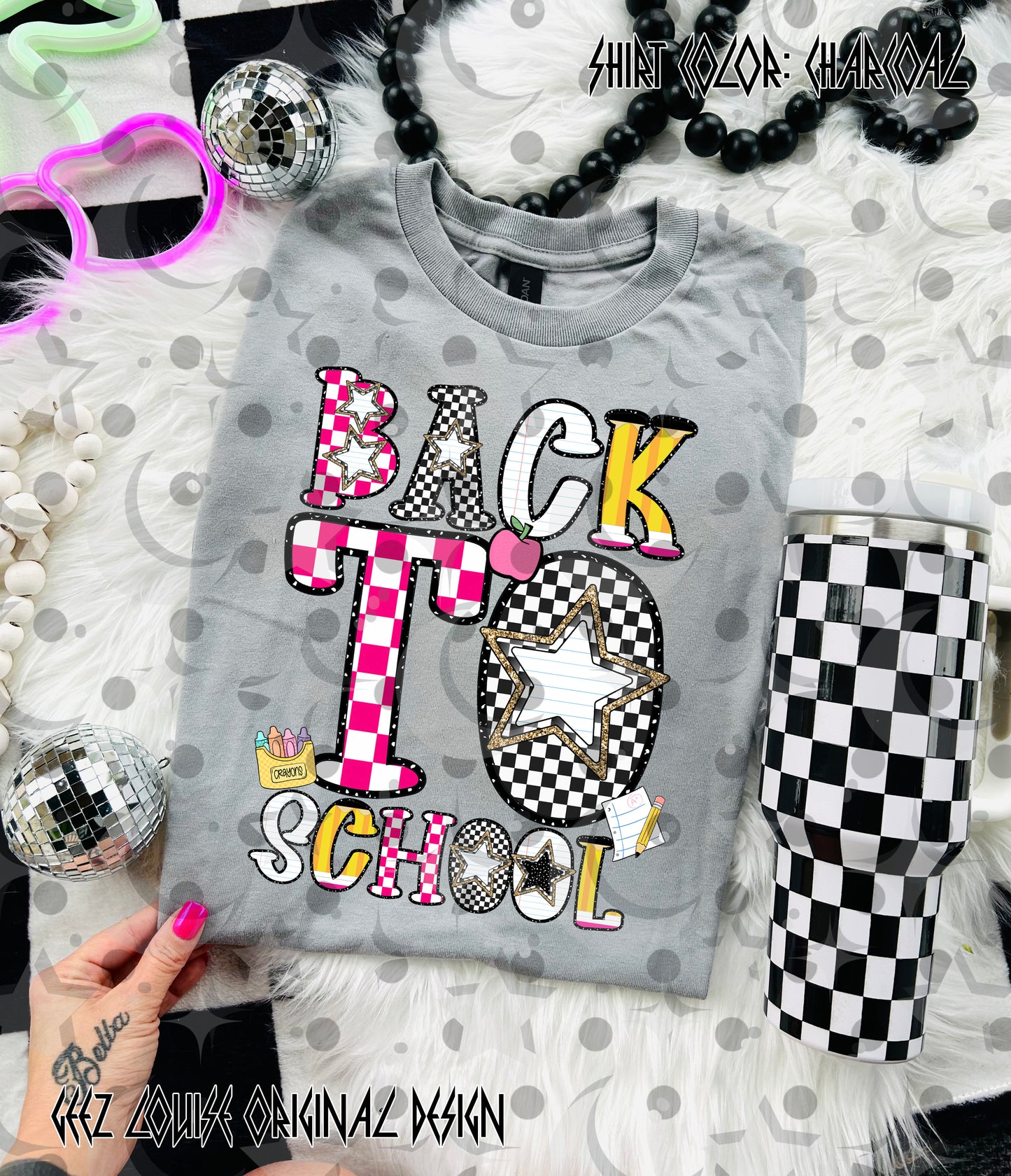 Back to School PNG Design | Retro Checkerboard & Pink Gingham School Graphic | Teacher & Student Shirt Design