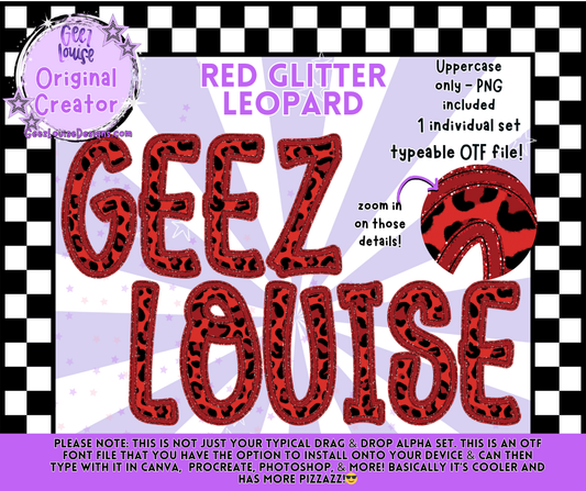 Red Glitter Leopard Faux Embroidery OTF Alpha | Typeable Font + PNG Set