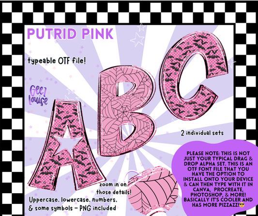 Putrid Pink Halloween Typeable OTF Alpha Font with PNGs | Bat & Spiderweb Styles