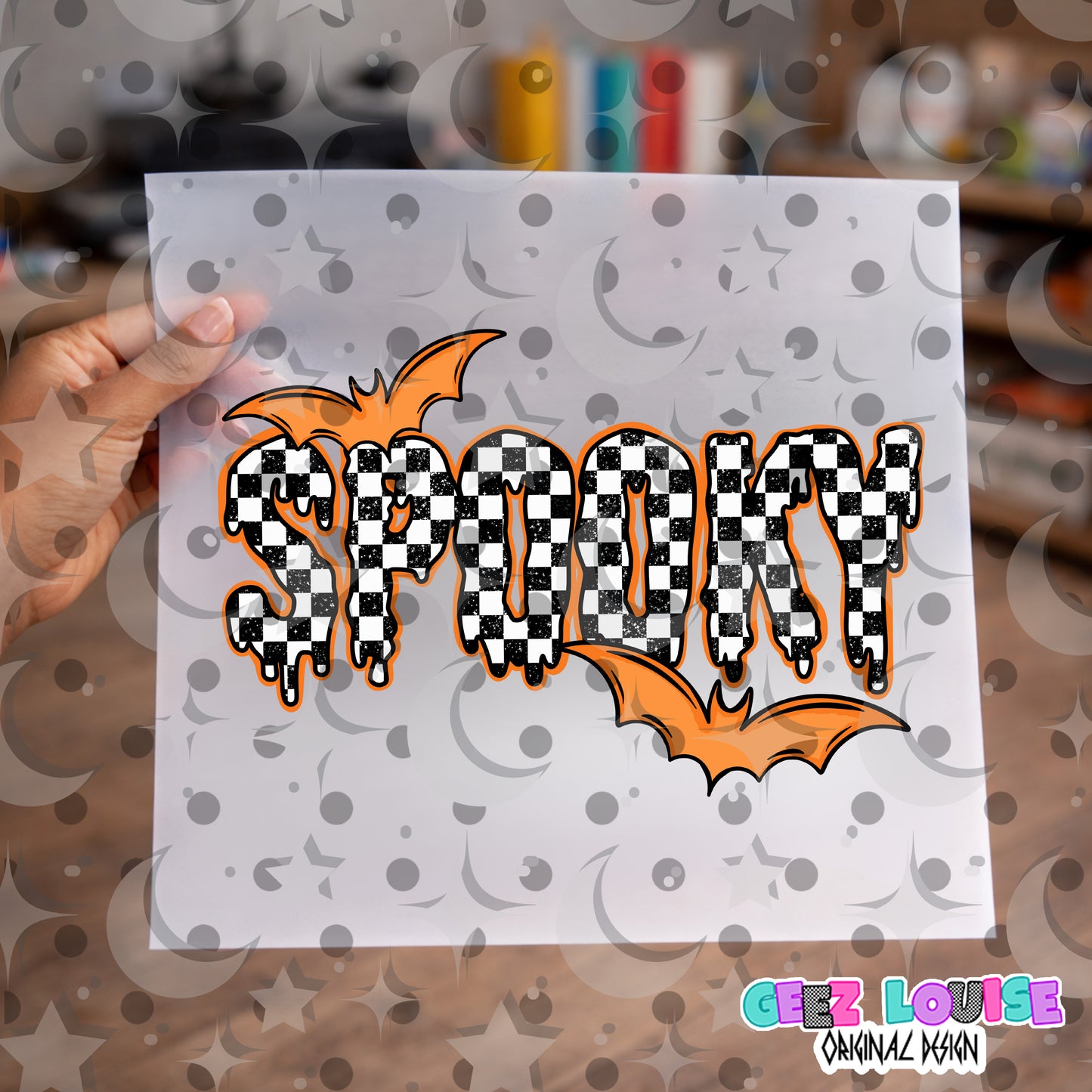 Spooky Checkerboard PNG | Orange Halloween Sublimation Design | Dripping Spooky Text | Bat Digital Download
