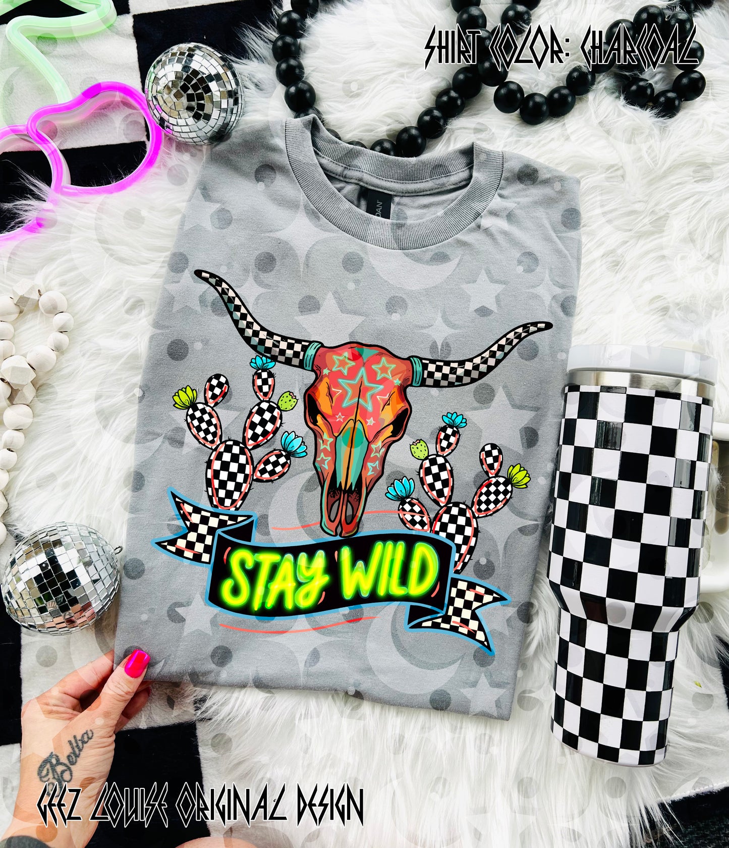 Stay Wild Digital Design – Neon Western Skull & Cactus Graphic PNG