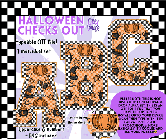 Halloween Checks Out – Spooky Checkered OTF Font + PNGs (Uppercase & Numbers)